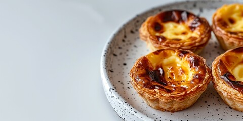 Obraz premium Traditional Portuguese Custard Tarts on Ceramic Plate on a White Background. Pastel de Nata.