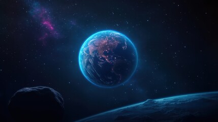 Obraz premium Stunning View of Earth from Space with Vibrant Colors and Distant Stars on a Dark Background for Cosmic and Astronomical Themes