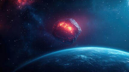 Obraz premium Captivating Cosmic Scene of a Glowing Asteroid Above a Beautiful Earth in Deep Space Surrounded by Stars and Colorful Nebulae