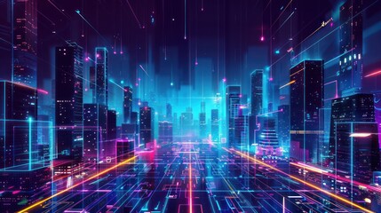 From below view of cyberpunk future city building with blue and purple neon light. AI generated