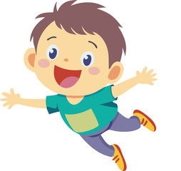 A young boy floating mid-air with a joyful face.