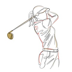 A pencil sketch of a female golfer taking a swing.