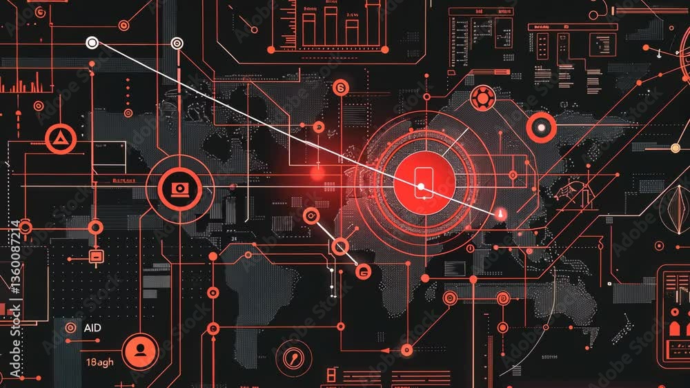 Poster global network system: abstract digital world map with red and black connections