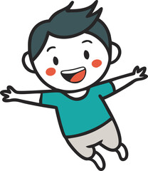 A cartoon of a boy in a green shirt flying with arms spread wide.