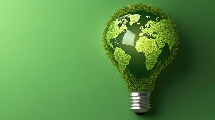 Lightbulb covered in green grass symbolizing Earth and sustainable energy on solid green background representing environmental consciousness and eco-friendliness