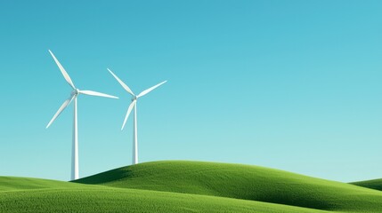 Obraz premium Renewable energy wind decarbonization concept. Wind turbines on green hills under a clear blue sky.