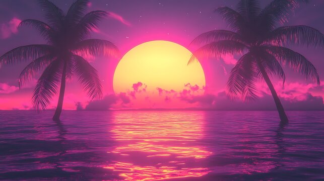 Neon-drenched synthwave sunset with palm trees for a retro music playlist cover full of vibes