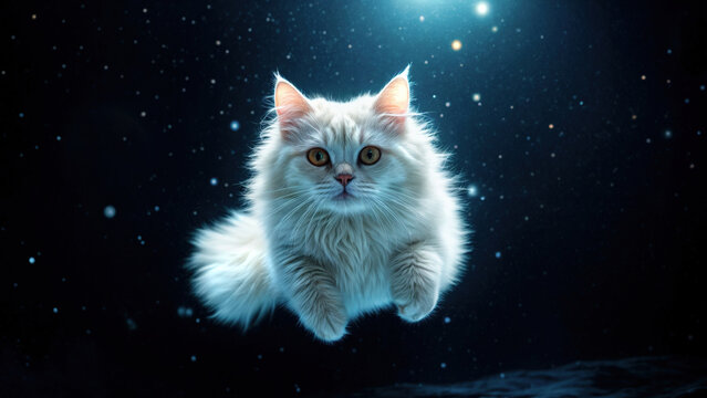 Gato blanco flotando en gravedad cero. Ideal para contenido relacionado con el espacio, ciencia ficci&oacute;n, animales en entornos inusuales y fotograf&iacute;a creativa.

