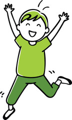 A boy in a green shirt jumping in excitement.