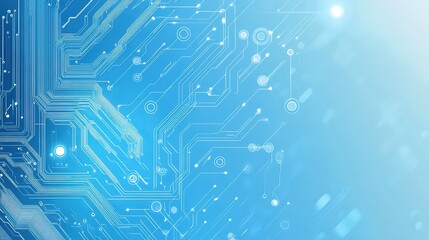 Futuristic technology background with white circle circuit wires on light blue motherboard. AI chip or semiconductor concept. Abstract tech bg. Modern web banner. Digital vector illustration. 