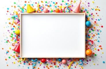 Colorful children birthday party scene. Blank frame for personalized wishes, text. Scattered confetti, vibrant party elements. Invitation design, greeting card, event, celebration, fun. Party hats,