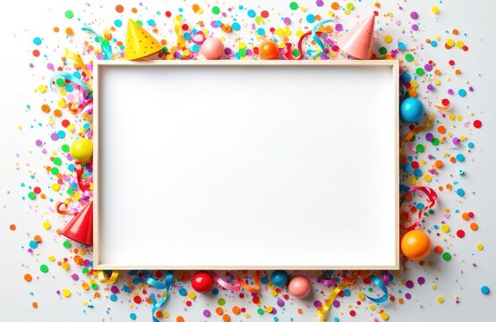 Colorful children birthday party scene. Blank frame for personalized wishes, text. Scattered confetti, vibrant party elements. Invitation design, greeting card, event, celebration, fun. Party hats,