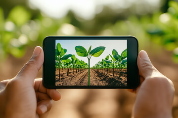 Individual holding smartphone to capture green seedlings growing in agricultural field. Bright sunlight setting enhances fresh plant life. Concept of agriculture, technology, innovation