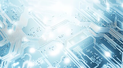 Futuristic technology background with white circle circuit wires on light blue motherboard. AI chip or semiconductor concept. Abstract tech bg. Modern web banner. Digital vector illustration. 