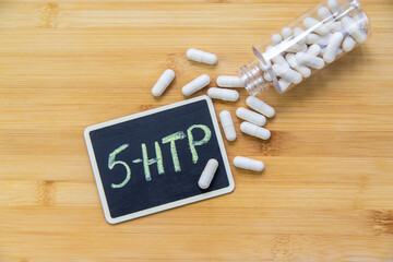 5-HTP sleep supplement capsules. Selective Focus.