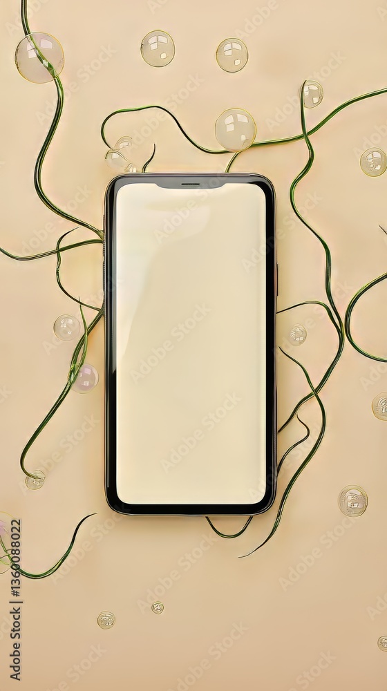 Aufkleber sleek smartphone display surrounded by whimsical green vines and floating bubbles, inviting modern s