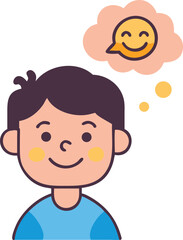 A cheerful young boy with a thought bubble above his head, indicating he is thinking.
