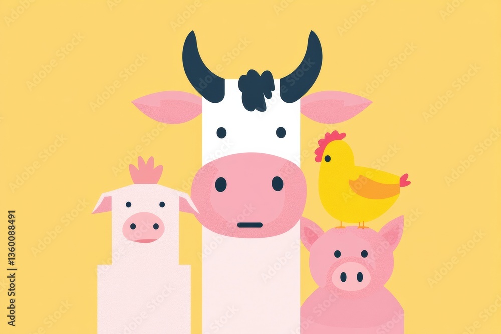 Poster minimalist geometric illustration featuring cows, pigs, and chickens with vibrant colors and modern 