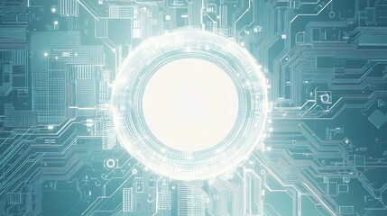 Futuristic technology background with white circle circuit wires on light blue motherboard. AI chip or semiconductor concept. Abstract tech bg. Modern web banner. Digital vector illustration. 