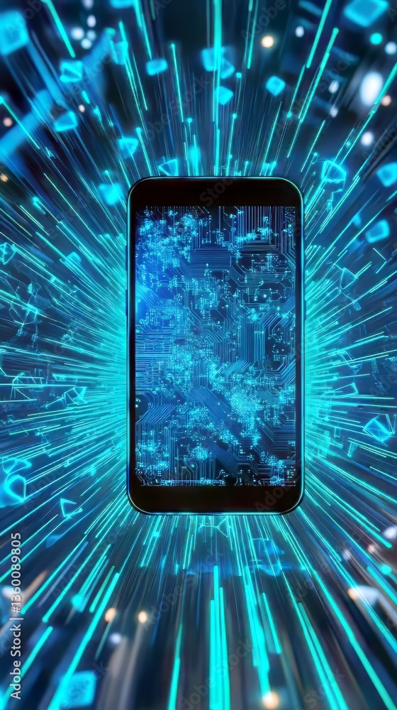 Poster smartphone featuring a complex circuit board design, emphasizing technology and connectivity concept