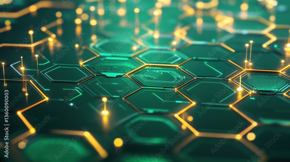 Poster futuristic green honeycomb abstract background with interconnected geometric cells and glowing parti