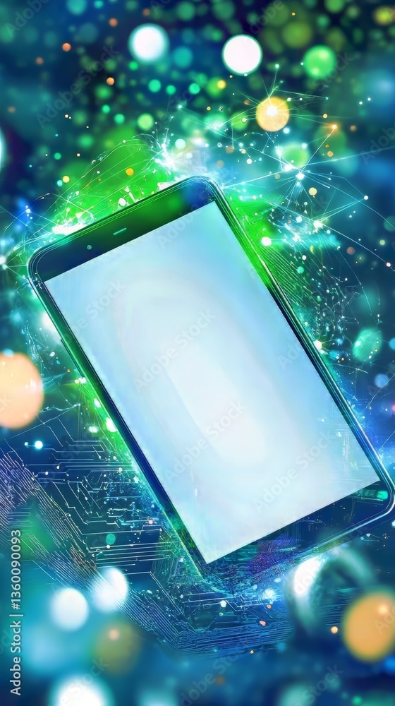 Poster modern smartphone with abstract technology background and a vibrant bokeh light effect for advertise