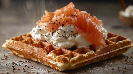 Savory Waffle Topped with Creamy Spread and Slices of Smoked Salmon Garnished with Herbs