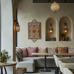 Entrance of a neo-nomad restaurant: Kazakh motifs & minimalism, warm pastels, deep-toned furniture, ethnic decor, soft lighting.