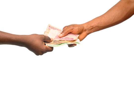 Two hands exchanging Nigerian Naira banknotes, symbolizing financial transactions, commerce, trade, and cash flow. The image represents business deals, monetary exchange.