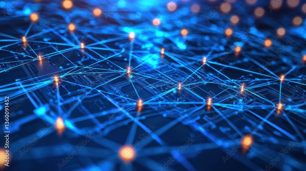 Poster glowing circular technology interface in a futuristic blue digital network setting.