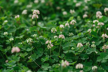 &bull;  A field of lush green clover with tiny white and pink flowers scattered among the foliage.