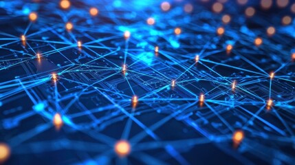 Glowing circular technology interface in a futuristic blue digital network setting.