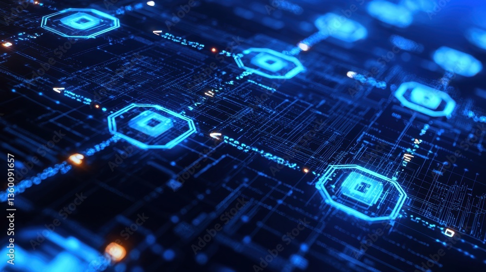 Poster glowing circular technology interface in a futuristic blue digital network setting.