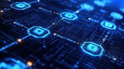 Glowing circular technology interface in a futuristic blue digital network setting.