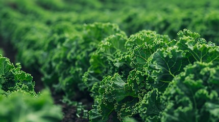 &bull;  A field of lush green kale with curly leaves, ready for harvest.