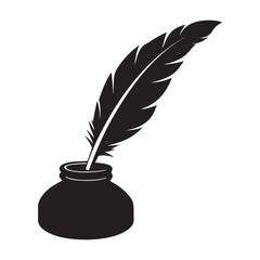 Inkwell with Quill black Silhouette Vector Illustration on white background 