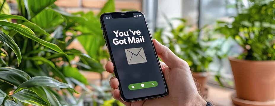 Close up of a hand holding black phone with You've Got Mail notification and envelope icon on screen. - Powered by Adobe