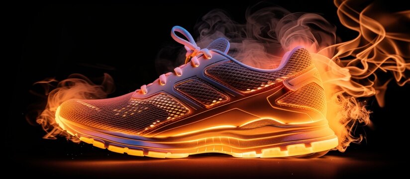 Dramatic view a burning sport shoe with fire flames with smoke on black background. Generative AI