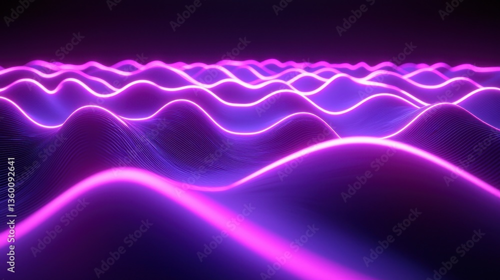 Poster glowing neon purple wave forms twisting and curving on a black background, creating a mesmerizing di