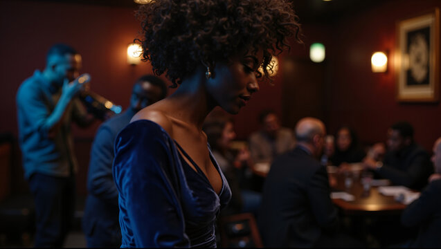 Beautiful young woman at jazz or blues show, old fashioned club atmosphere, can be used as jazz show poster