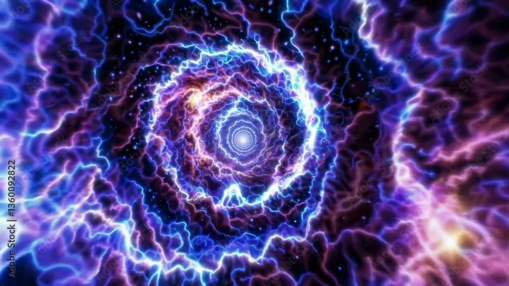 Poster vibrant energy vortex progression through cosmic spiral with dynamic color transition