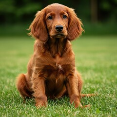 Charming Irish Setter Puppy with Lush Red Fur Sitting in Sunlit Park