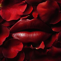 Red lips surrounded by velvety rose petals creating a sensual beauty image