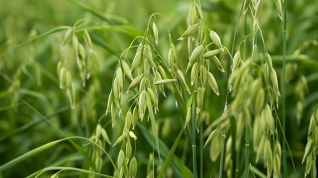 &bull;  A field of lush, green oats with ripening grains and delicate, feathery tops.