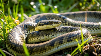 Fototapeta premium A patterned snake coils on green grass, with sunlight highlighting its scales, set in a natural outdoor environment.