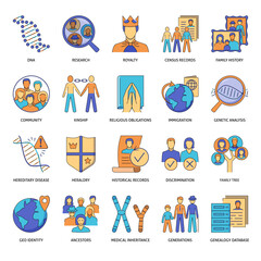 Genealogy and family history flat icon set