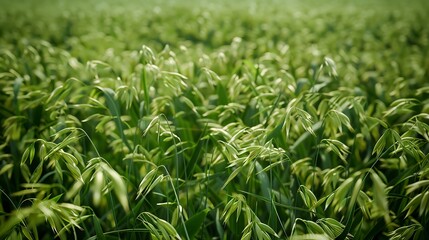 Obraz premium • A field of lush, green oats with ripening grains and delicate, feathery tops.