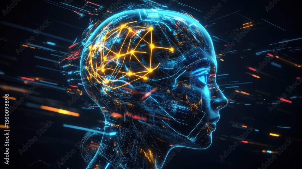 Poster stunning digital art of a female head glowing in vibrant blue and orange with intricate neural pathw