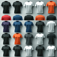 Black and white t-shirts and shirts collection, fashion illustration, men's and women's clothing set, including jackets, coats, pants, and polos, in vector style