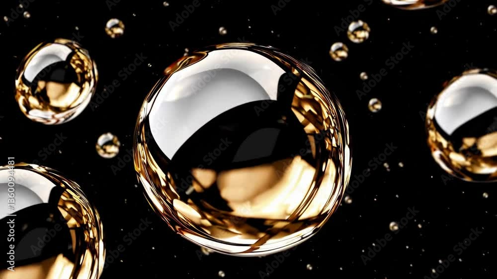 Poster shimmering golden orbs in dynamic motion against a dark background